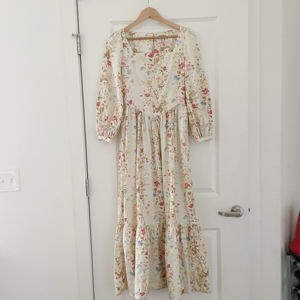 Meadows Marigold Maxi Dress Meadow Flowers Cream Cotton Poplin Cottagecore 2 - Picture 6 of 13